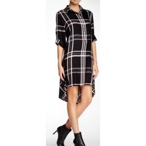 Max Studio Plaid Hi-Lo Long Sleeve Shirt Dress Black
